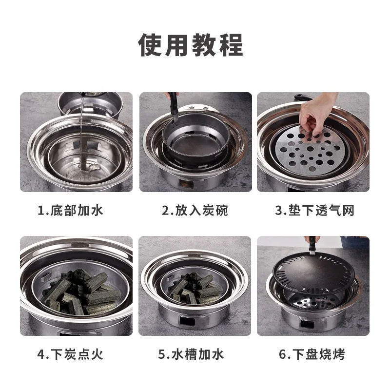 Household Stainless Steel Korean Charcoal Oven Commercial round Non-Stick Barbecue Oven Outdoor Camping Portable Charcoal Stove