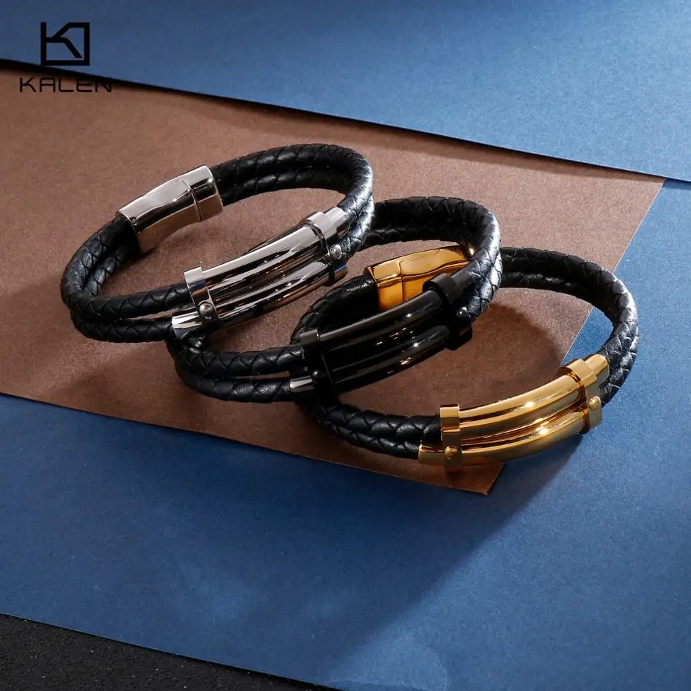Vintag 21cm Double-Layered Leather Bracelet Men Stainless Steel  Charm Wrap Wristband e Jewelry Accessories