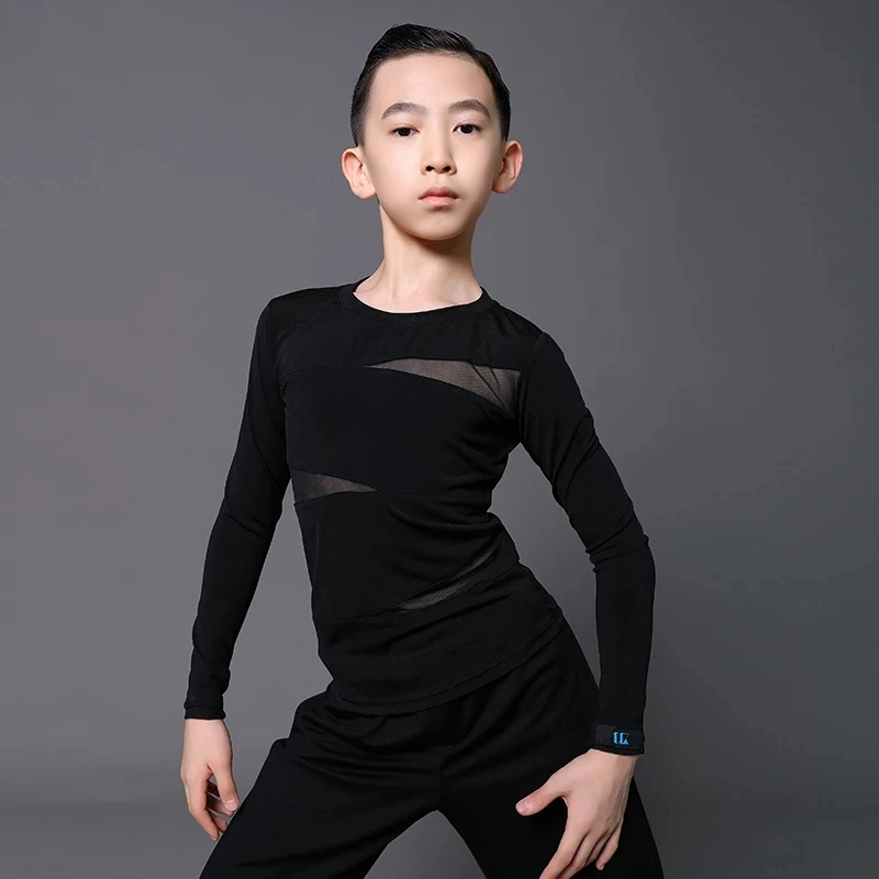 Camisa de baile latino para niños, disfraces negros de manga larga, ropa de baile latino Cha Samba, vestido de competición de baile latino de salón