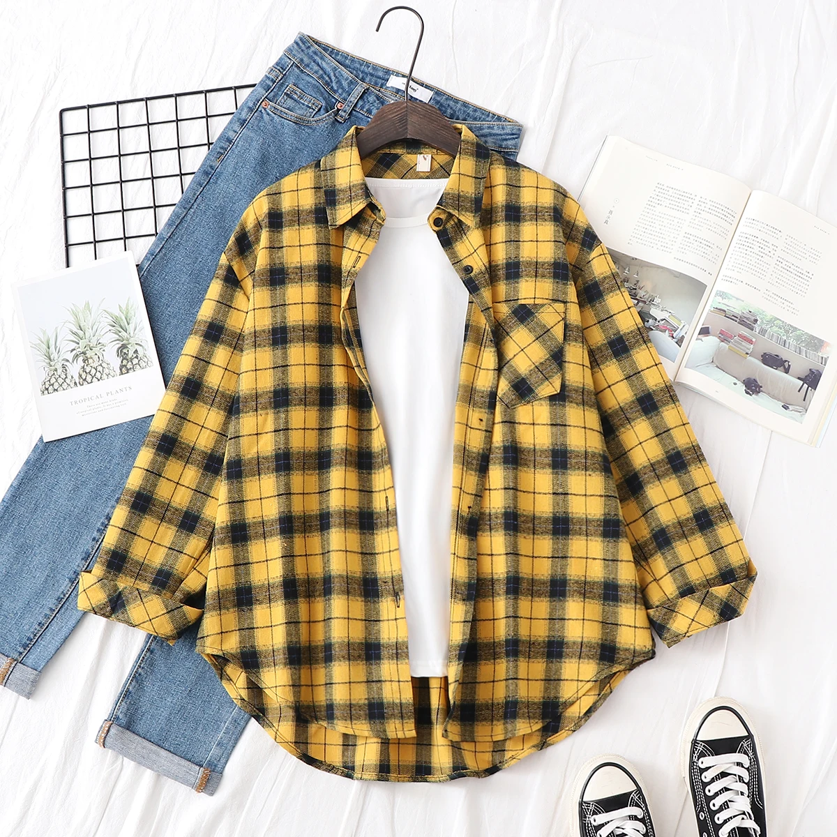 2024 New Cotton Plaid Shirts Women Casual Loose Tops And Blouses Ladies Long Sleeve Large Size One Pocket Blouse Blusas