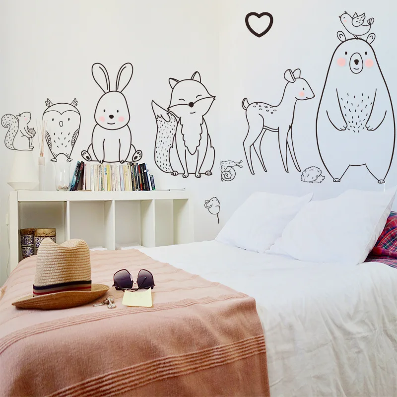 New Cartoon Shy Animals Wall Stickers Shy Bear Fox Deer With Heart For Bedroom Living Room Kindergarten Wallpaper Supply Decor