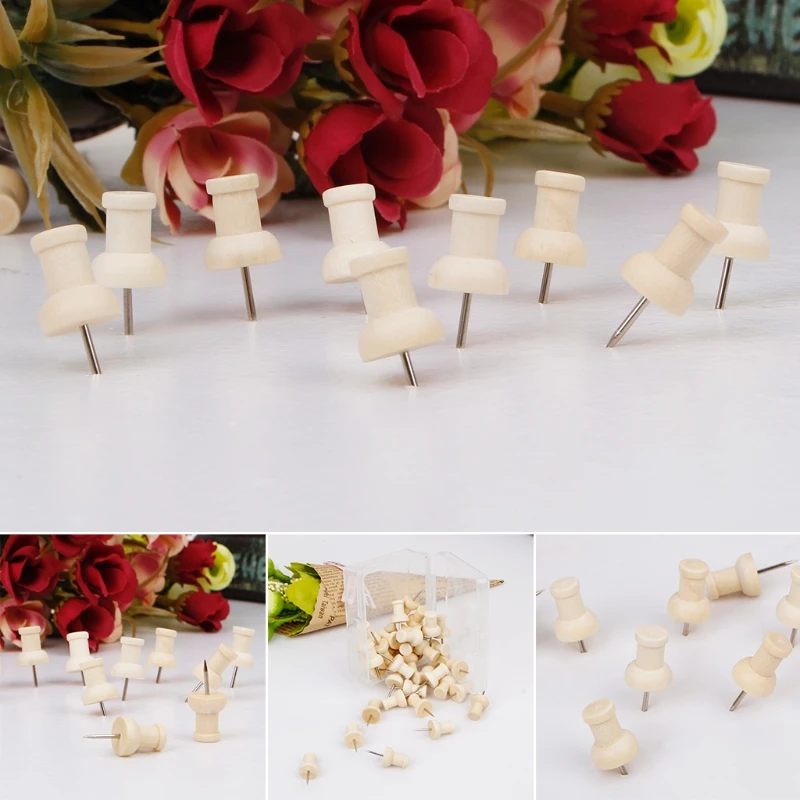 40 ชิ้น/เซ็ตไม้ Thumbtack Creative PUSH Pins ตกแต่งภาพวาดไม้หัว Office Binding Supplies