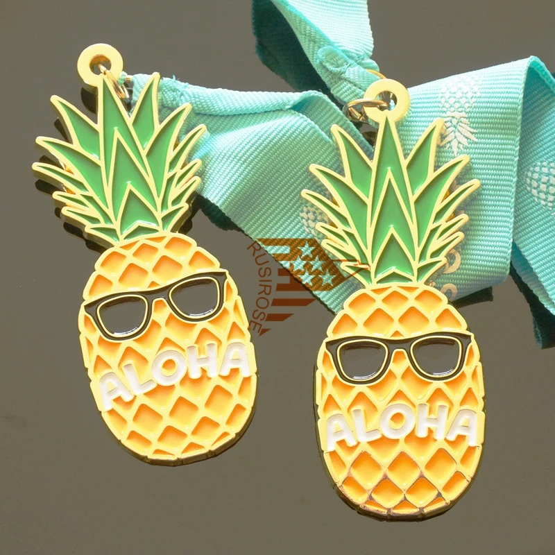 Customized imitation enamel paint metal medals, enamel pineapple games commemorative medals, pineapple shape medals