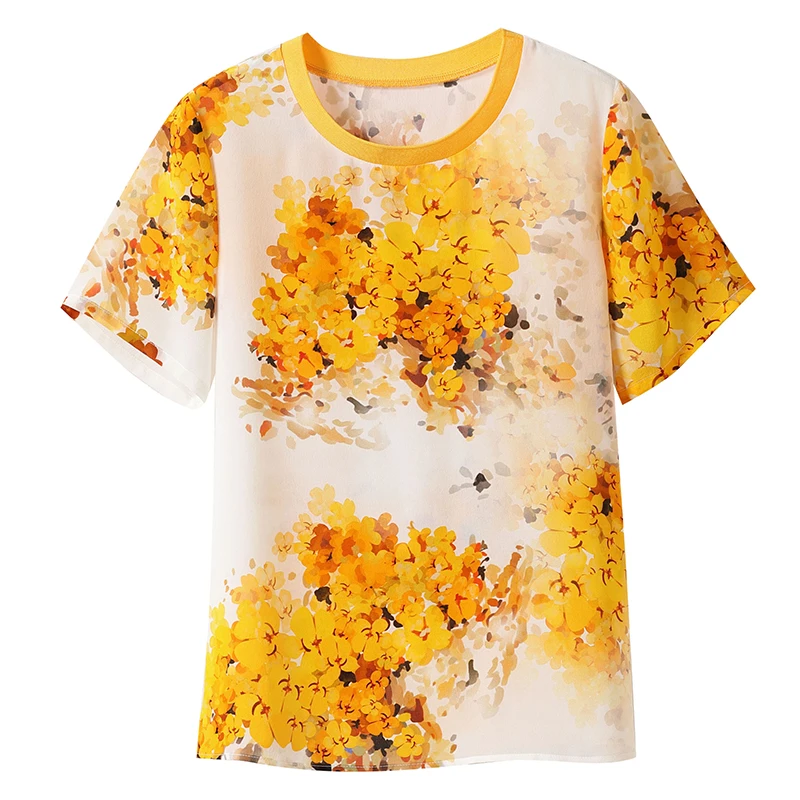 Imagem -05 - Camiseta de Manga Curta Feminina 100 Verdadeira de Seda com Decote em o Camiseta Floral Feminina Estampada Blusa Solta Casual Verão 2024