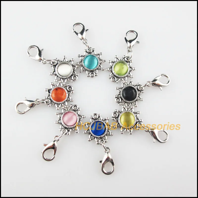 8 New Sun Mixed Charms Stone Flower Pendants With Lobster Claw Clasps Tibetan Silver Plated 14x15mm