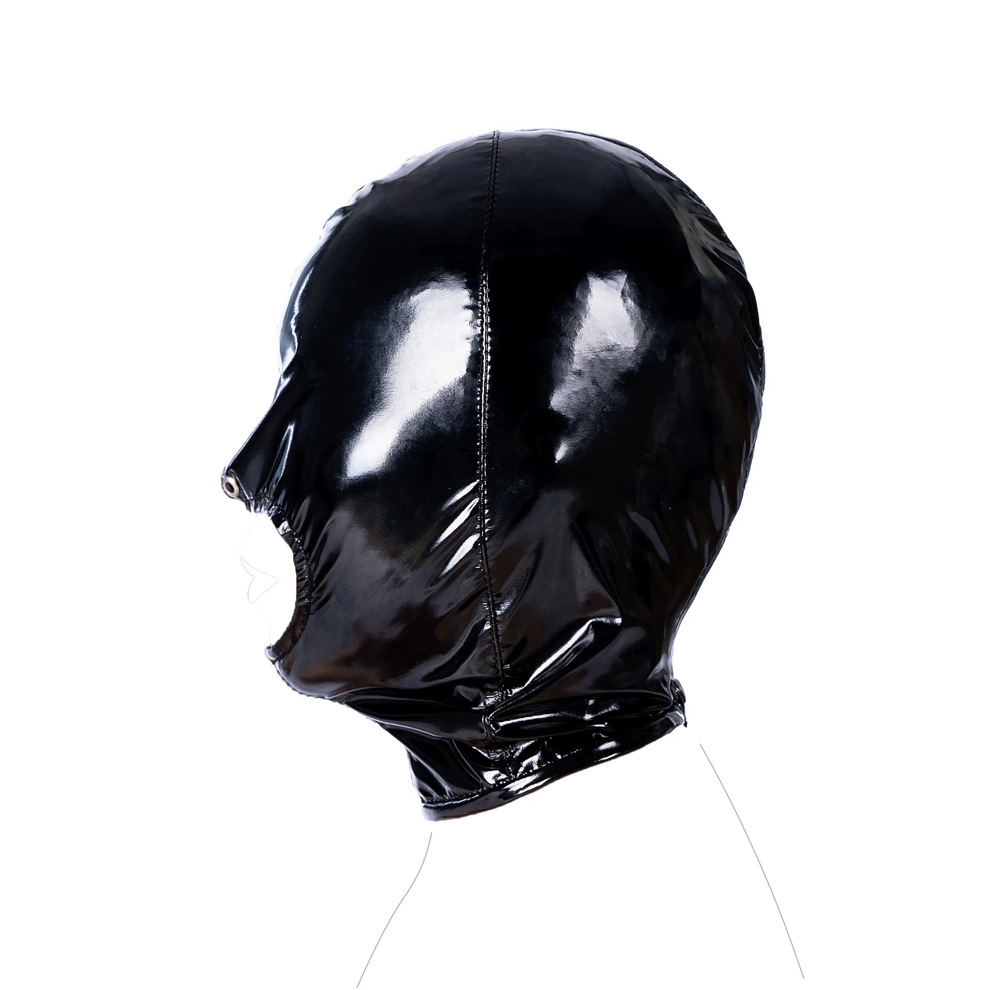 Shiny Metallic Open Mouth Hole Headgear Full Face Role Play Mask Hood Sexy Leather Costumes for Unisex Men Women Cosplay