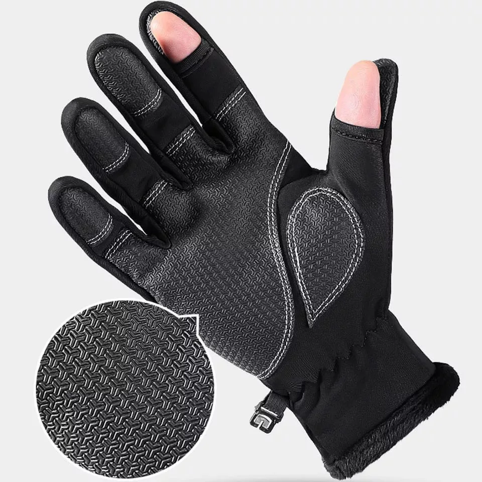 Winter Fishing Gloves 2 Finger Flip Fingerless Gloves Non-slip Waterproof Warm Touch Screen Gloves for Fishing Cycling Running