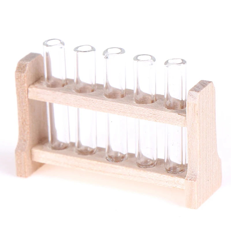 5pcs/set Laboratory Glass Test Tubes with Wooden Rack Set Decoration Ornament 1:12 Dollhouse Miniature Accessory