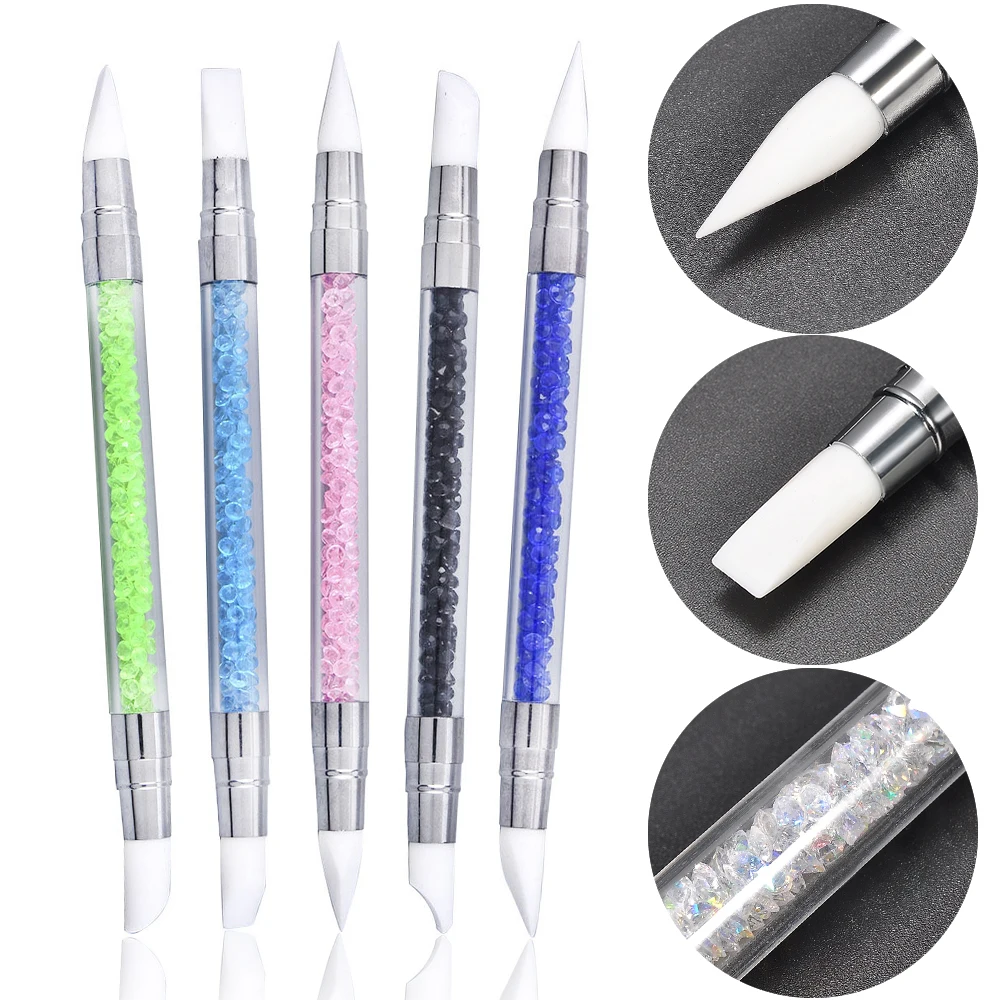 

1 Pcs Dual-Ended Silicone Head Carving Dotting Pen Nail Art Brushes Rhinestone Crystal Handle Tool For DIY Gel Manicure Tools