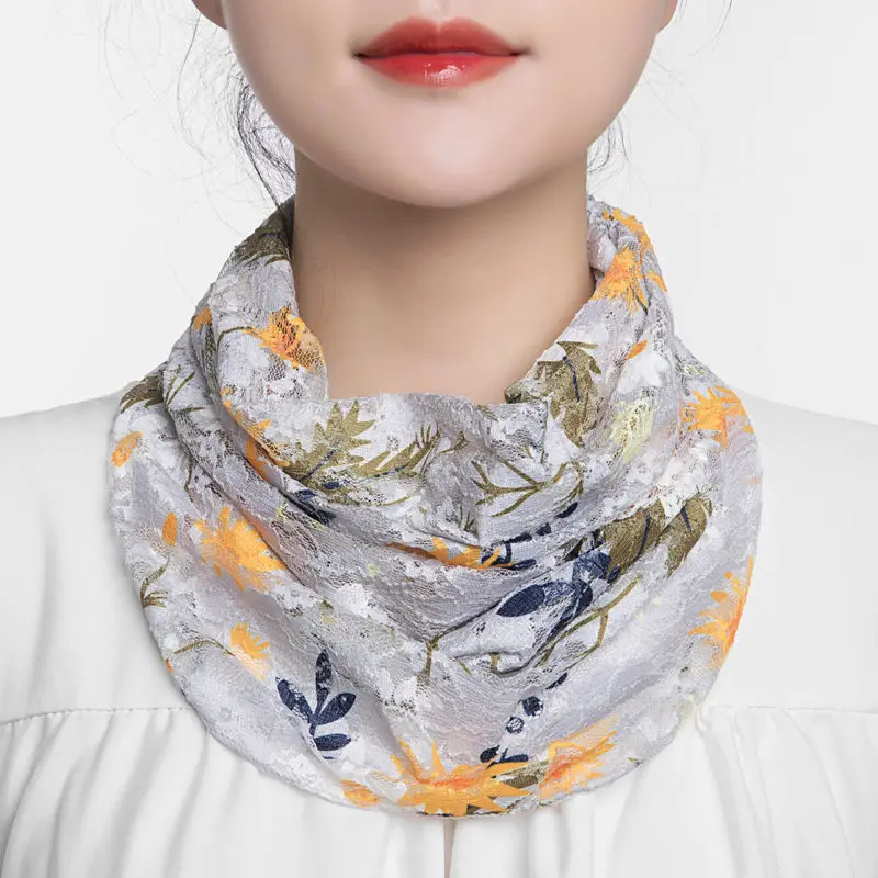 Korean Female Hollow Lace Butterfly Print Fake Collar Neck Guard Scarf Summer Sunscreen Sunshade Snood Thin Ice Silk Shawl P46