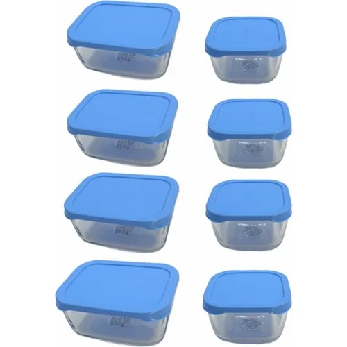 Pasabahce 8 Piece Glass Storage Canister Set With Blue Cap Lid Glass Storage Container 4 Pcs Breakfast 220 cc Kitchen Dining enclosure