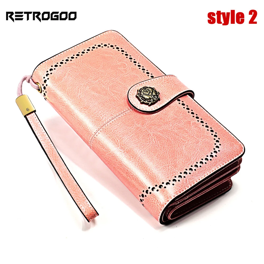 RETROGOO Genuine Leather RFID Blocking Wallet Fashion Cow Leather Women Purse Zipper Pocket Big Capacity Female Phone Money Bag