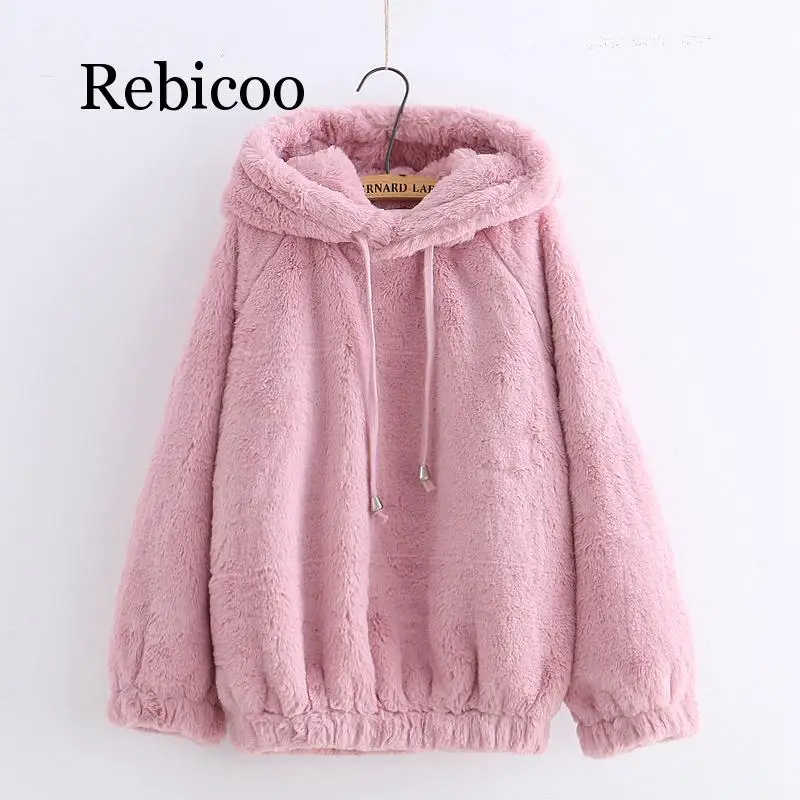 Harajuku Kawaii Plush Hoodie Soft Winter Pullover Women Sweatshirt With Bear Ears Cute Solid Outerwear Hoodies Student Anime Top