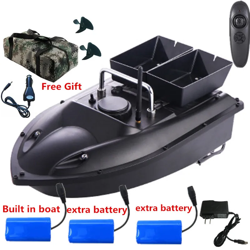 Bateau d'appâts de pêche RC à double trémie, avec batterie de bateau 180 mAh, chargeur de voiture gratuit, sac étanche, 500 minis life, distance de 5200m, 3 pièces