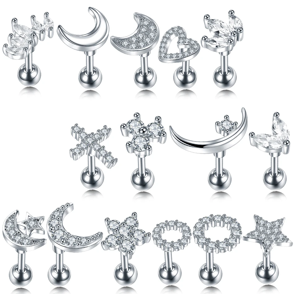 1 pieza 16G CZ gema cartílago Stud Luna estrella corazón Cruz flor corona hélice Tragus Piercings Concha Rook Stud pendiente Piercing joyería