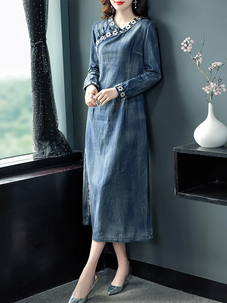 

TIYIHAILEY Free Shipping Cheongsam Vintage Women Long Mid-Calf Full Sleeve Denim Autumn Spring Single Breasted Dress Embroidery