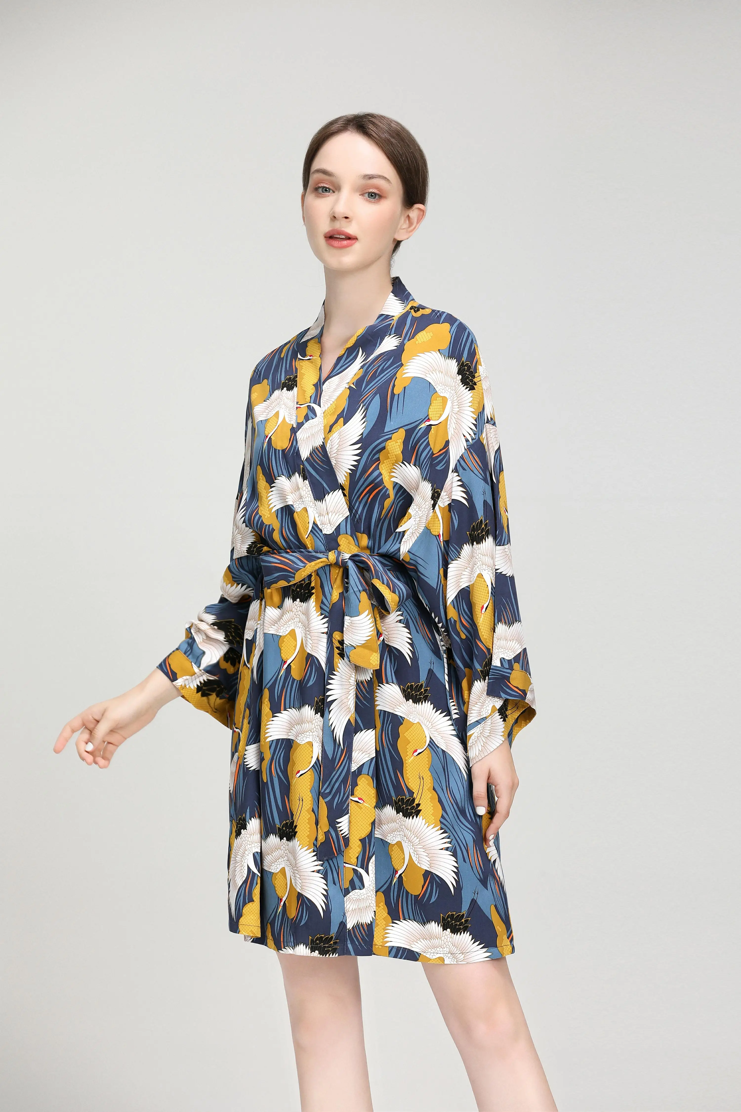 Yellow Crane New Sleepwear Robe Spring Viscose Women Nightgown Flower Printed Long-Sleeve Pajamas Bathrobe for Female