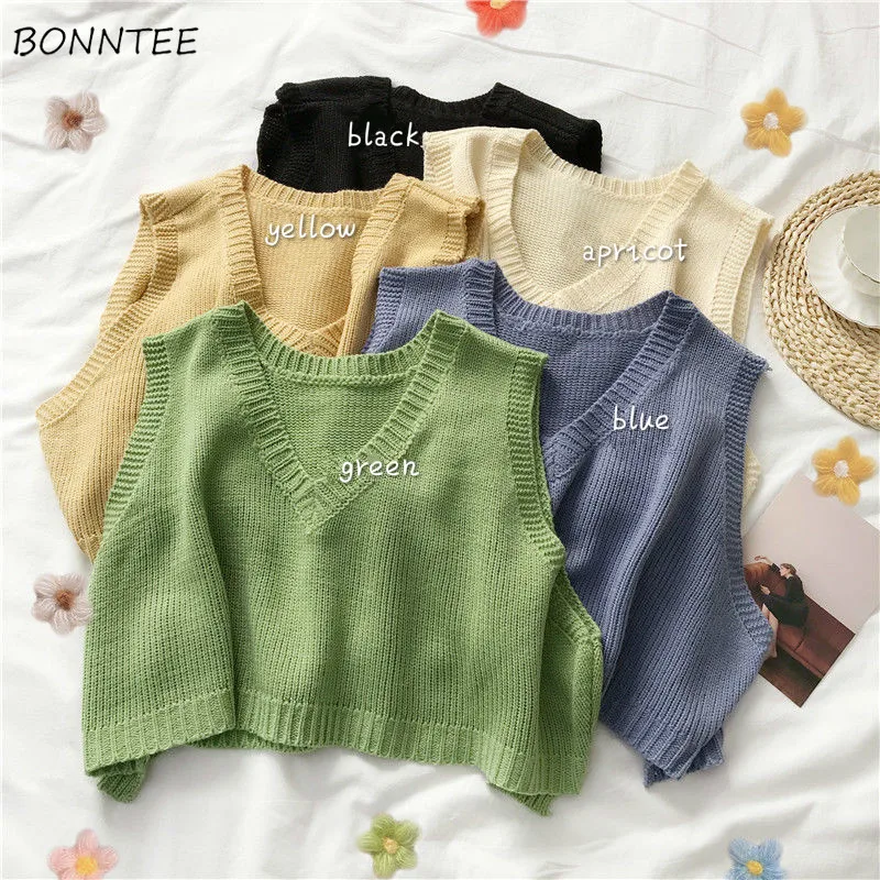 

Sweater Vest Lovely Candy Color V-neck College Girls Cropped Knitwear Summer Autumn All-match Basic Fashion Ins Ladies Jumpers