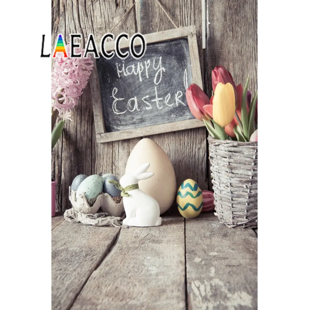 Laeacco Gray Photo Backdrops Happy Easter Day Eggs Basket Flowers Rabbit Wooden Board Photo Backgrounds Photocall Photo Studio