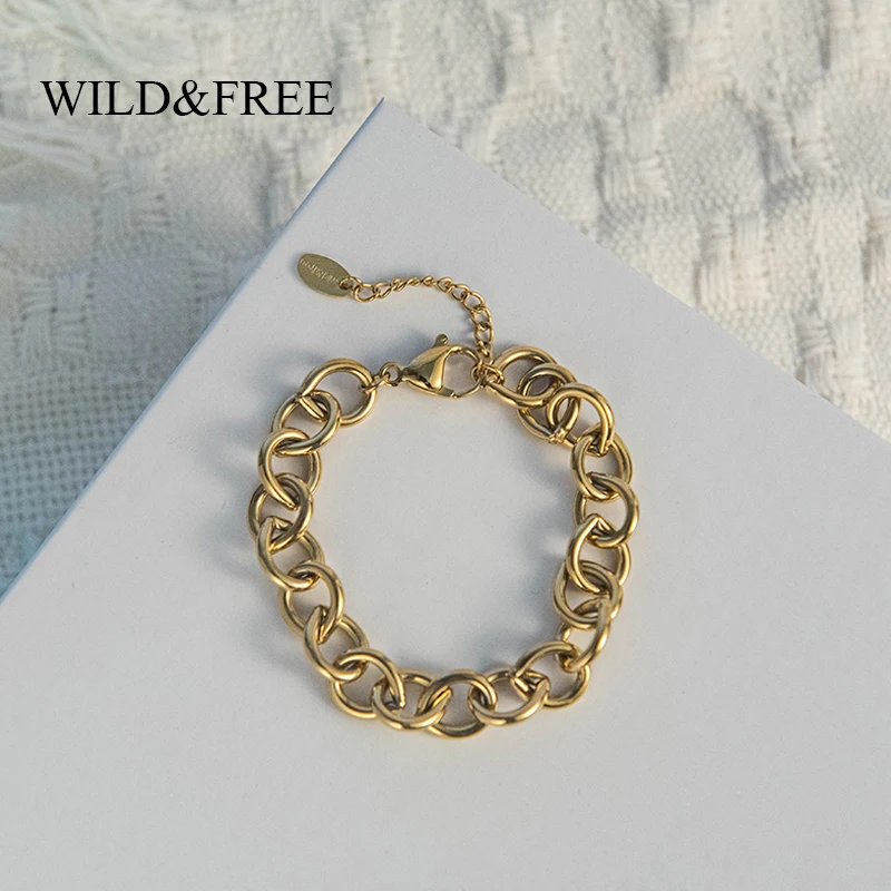 Wild & Free New Simple Gold Color Link Chain Bracelets For Women Fashion Punk Thick Big Circle Chain Bracelet Party Jewelry Gift