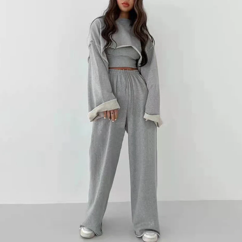 TWOTWINSTYLE Weiß Drei Stück Set Für Frauen O Neck Langarm Tops Ärmellose Weste Breite Bein Hosen Weibliche Casual Sets 2022 neue