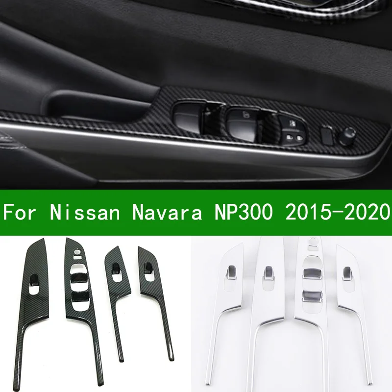 For nissan navara NP300 2015-2021 Pickup Chrome Silver Power window switch Window lifter trim Carbon fiber Interior Door sticker