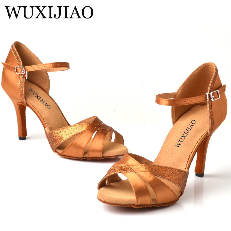 WUXIJIAO Latin dance shoes Salsa women's bronze satin unique tailor design satin shoes for ballroom dancing  Tango shoes