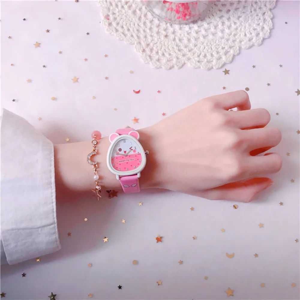 Jam tangan anak perempuan cantik kartun modis jam tangan Quartz cocok jam tangan kulit kasual untuk anak