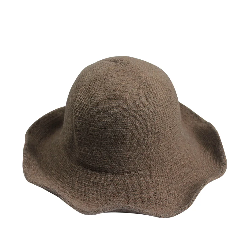 New Elegant Sheep Wool Cap Knitting Big Brim Fedora Hat Winter Thick Female Fashion Winter Hat Accessories