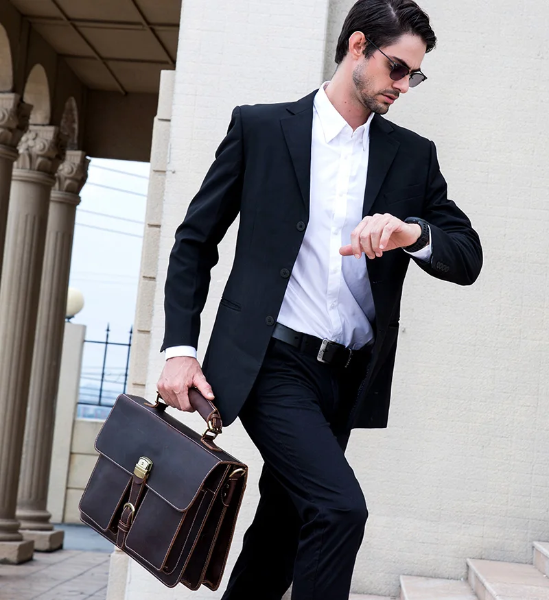 Men Big Briefcase Bag Crazy Horse Leather Man Handbag Genuine Cow Leather Messenger Bag Male Laptop Business Office Shoulder bag