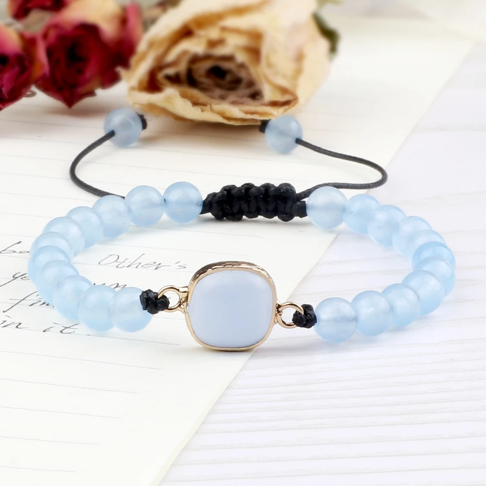 الأزياء 6 8MM الأزرق العقيق حبة سوار البيضاوي قطرة نوع حجر قلادة مضفر سوار زوجين قابل للتعديل مجوهرات هدية