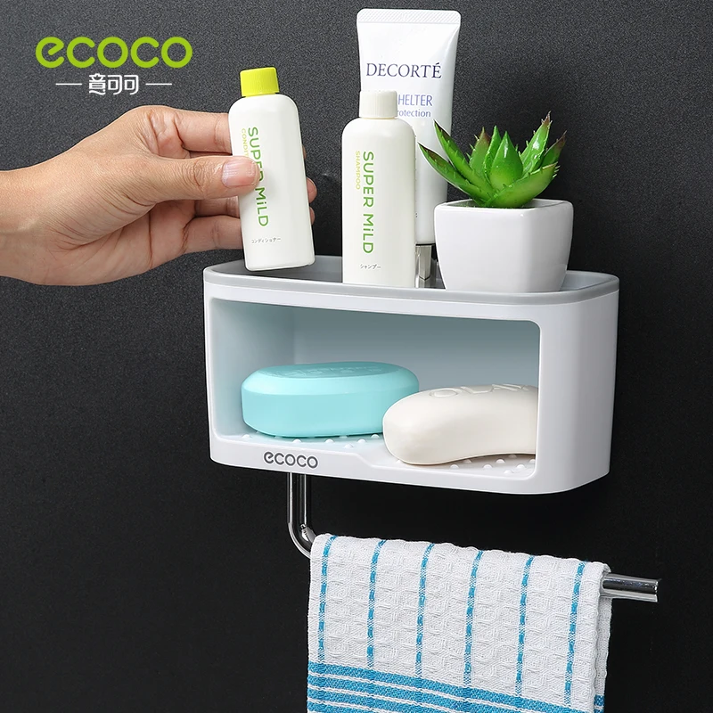 ECOCO Bathroom Shelf Wall Mounted Toilet Soap Dish Bath Shower Set Shampoo Holder Towel Bar Punch Free Hanger Accessories Basket