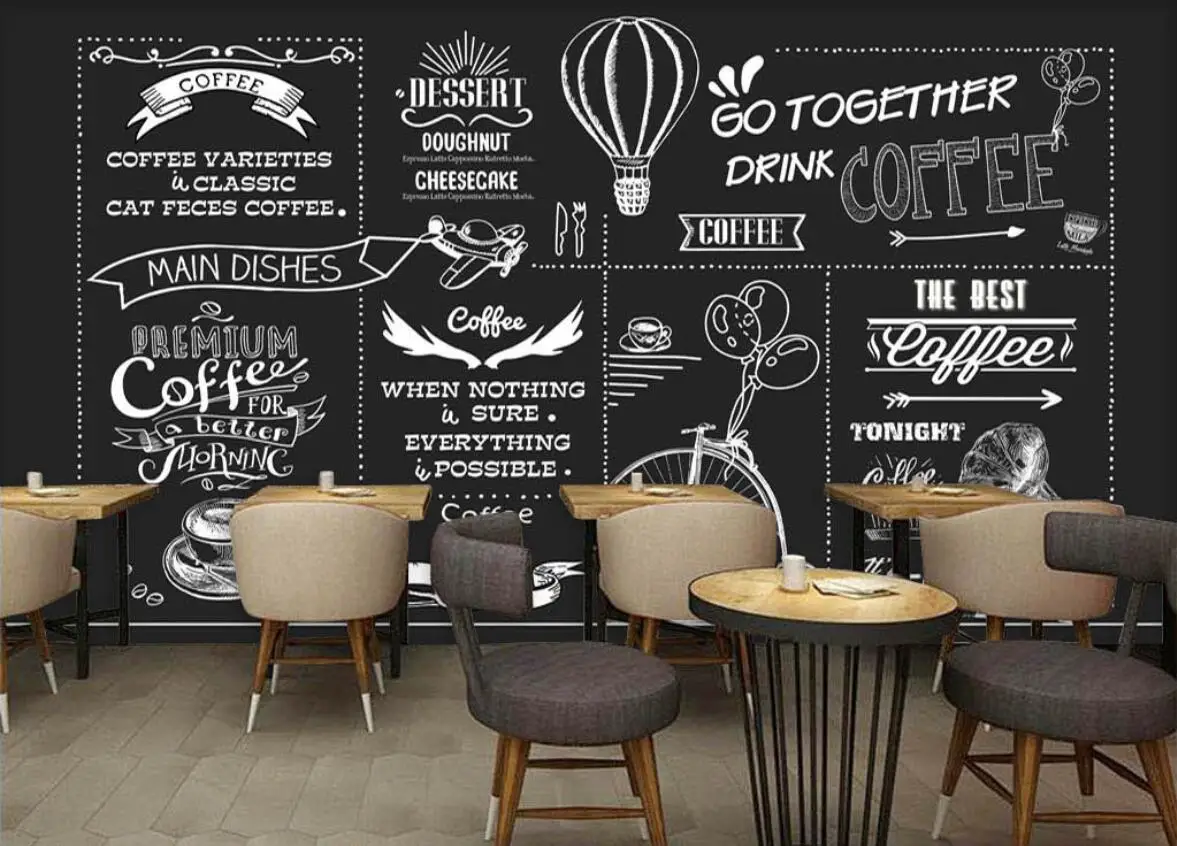 Custom Retro Hand-painted Blackboard coffee catering 3d Wallpaper Coffee Shop Restaurant Self-adhesive decoration mural