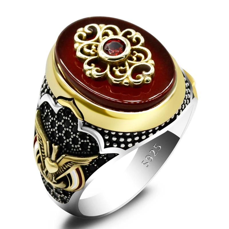 New authentic sterling silver antique Turkish red agate ring with spinel men\'s colorful punk style