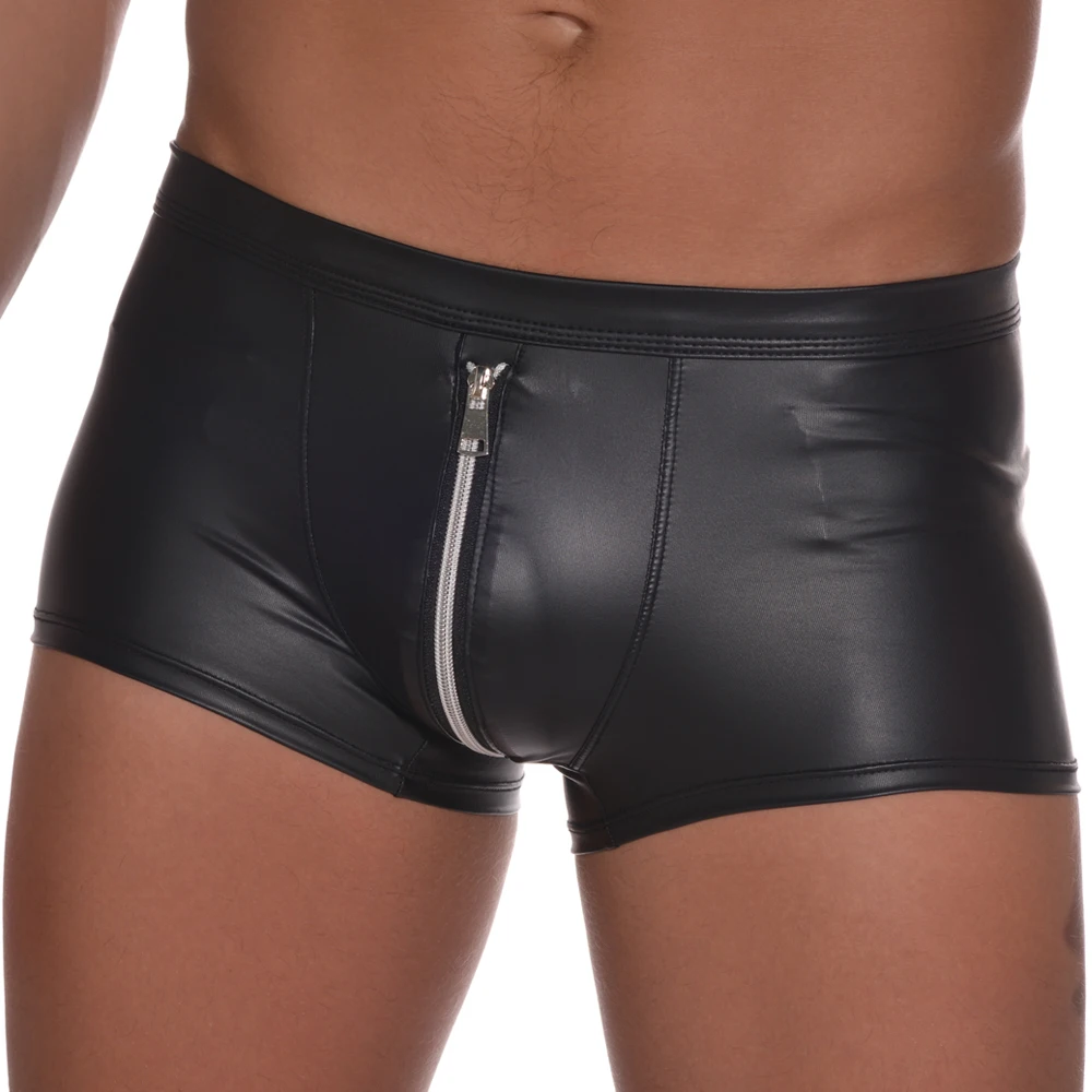 Ropa interior Sexy Gay para hombre, bóxer corto con cremallera, sin costuras, de cuero Pu, informal, de alta calidad, regalo