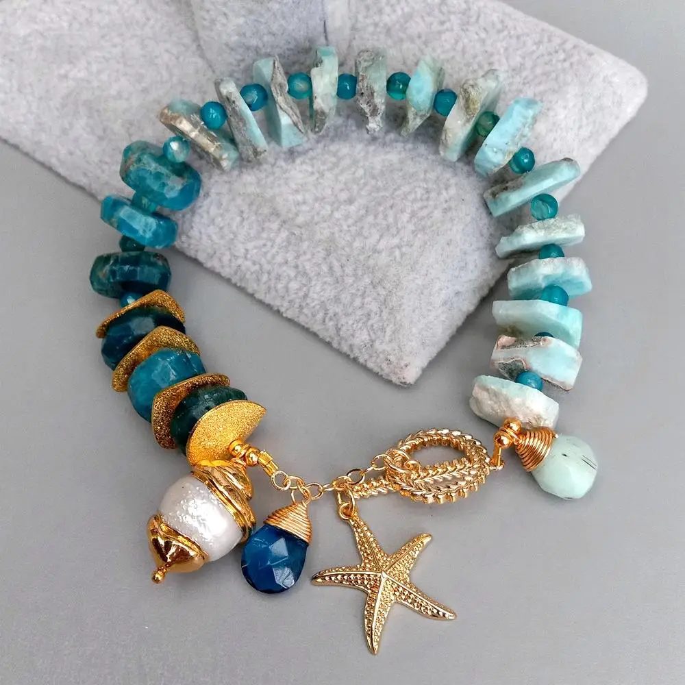 KKGEM كيشي لؤلؤة مطلية بالذهب حلية Seastar 9 "الطبيعية الأزرق لاريمار شريحة الخام سوار الأباتيت Rondelle تبديل المشبك