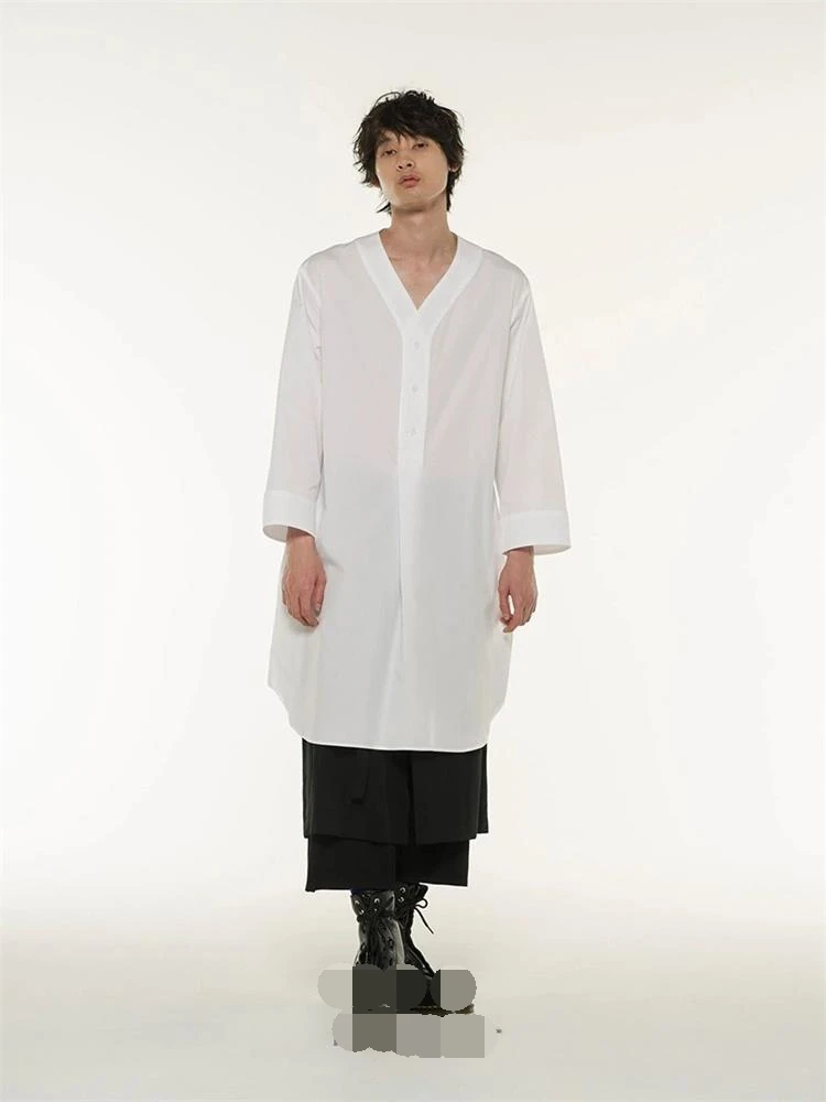 Men's New Hairdresser's Runway Street Long V-Neck Belt Shirt White Loose Casual Plus-Size Clothing
