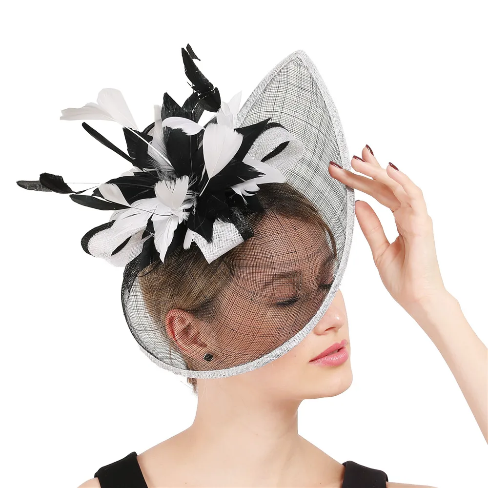 Elegante Sinamay Fascinator Hüte mit Feder blume Sinamay Trims Cocktail und Race Hüte Hochzeit Braut Kopf bedeckung mehrere Farben – Detail 4