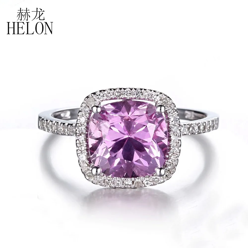 

HELON Solid 14K White Gold Flawless Cushion 8x8mm Pink Topaz & Diamonds Romantic jewelry Ring Setting wedding engagement Ring