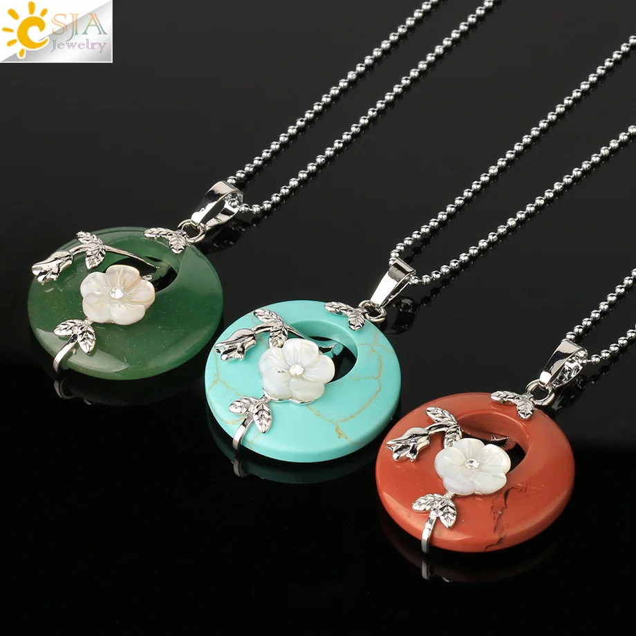 CSJA Natural Stone Round Pendants Necklaces Healing Crystal Silver-color Carved Flower Leaf Turquoises Women Trendy Jewelry G385