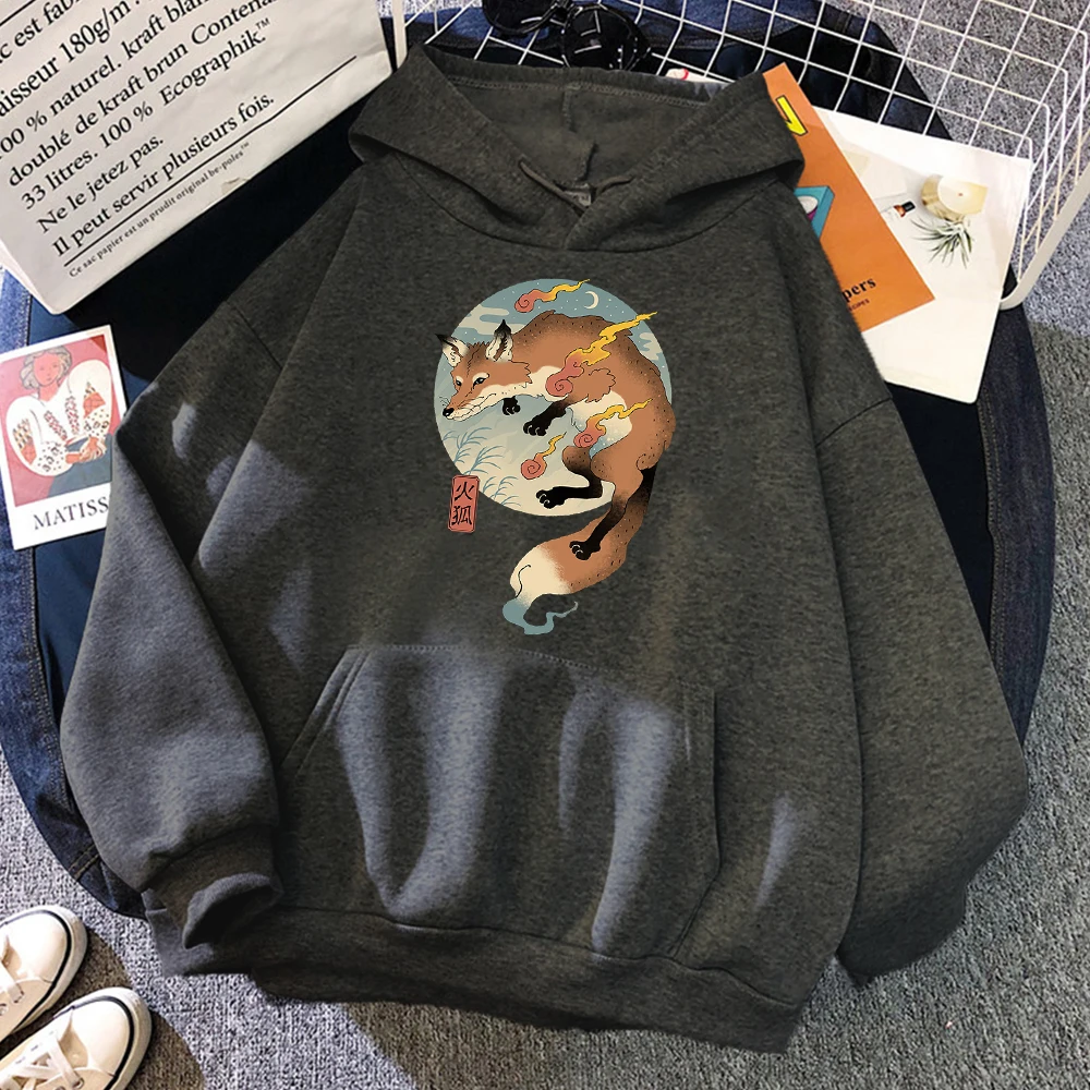 Sweatshirt Fire Cartoon Fox Japanese Printing New Hoodies Men Streetwear Harajuku Pullovers Mens Oversize Retro Men\'s Clothing