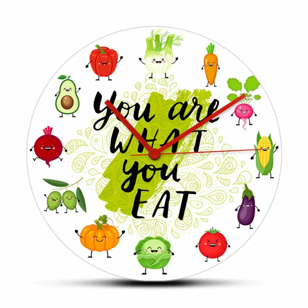 You Are What You Eat Vegetarian Quote Wall Clock Seasonal Fruit Veggies Artwork Clock Healthy Food Eating Vegan Home Décor Watch