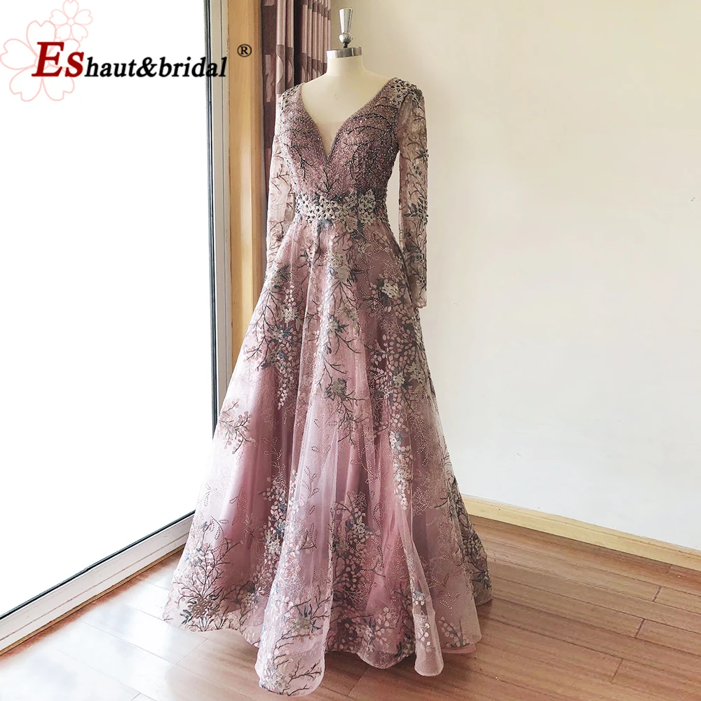Vestidos de Noche árabes elegantes de manga larga para mujer 2024 Aline cuello en V encaje de cristal vestidos formales de fiesta de graduación y