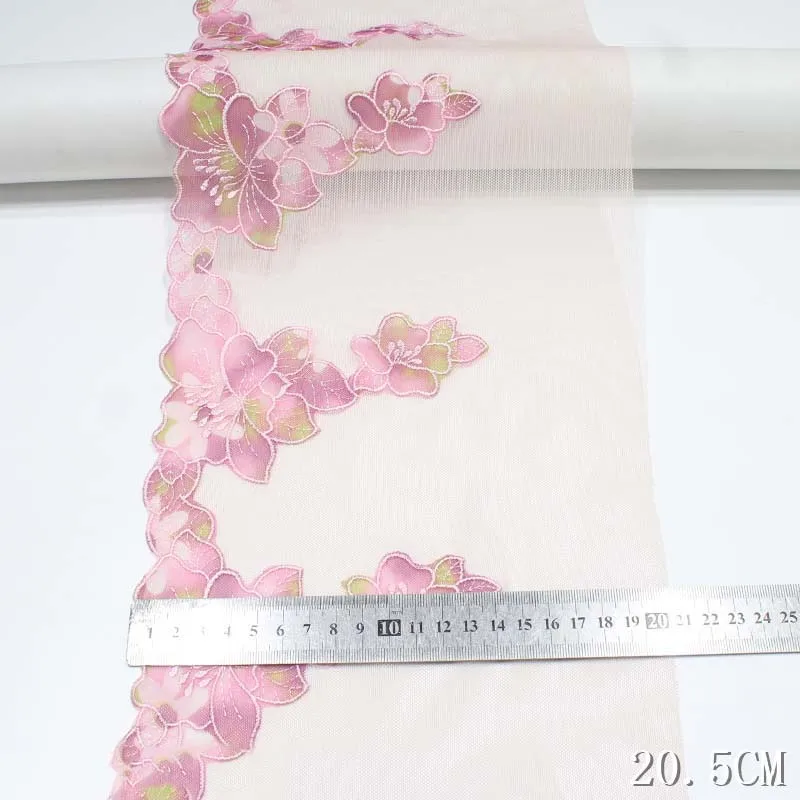 24Yds Exquisite Pink Mesh Embroidery Flowers Fabric Handmade DIY Skirt Lace Appliques Ribbon Dress Curtains Sewing Decor 20.5cm