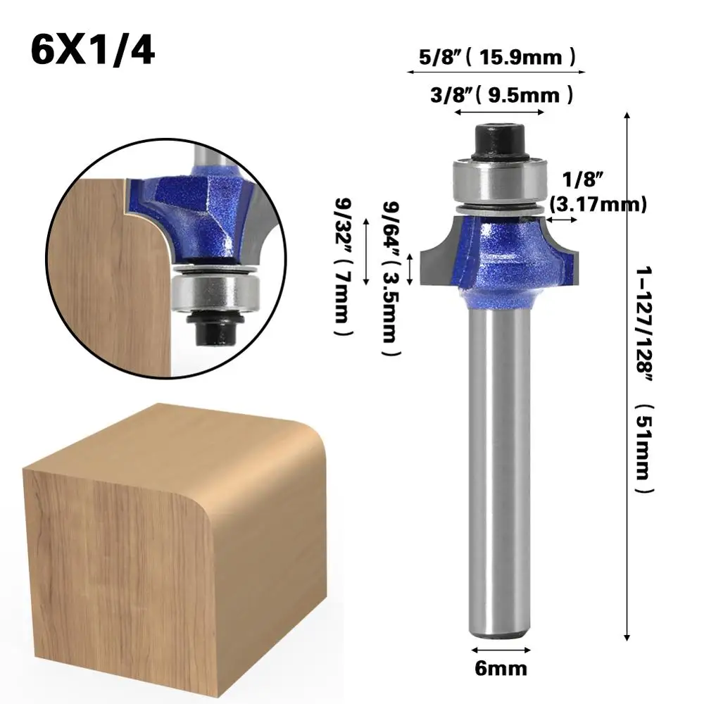 6mm Corner Round Professional level Over Router Bit with Bearing Milling Cutter for Wood Woodworking Tool Tungsten Carbide