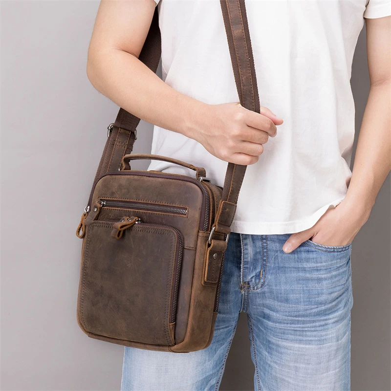 Newsbirds-Bolso de hombro de cuero para hombre, bandolera de estilo Vintage, para libros, escolar, de piel de Caballo Loco