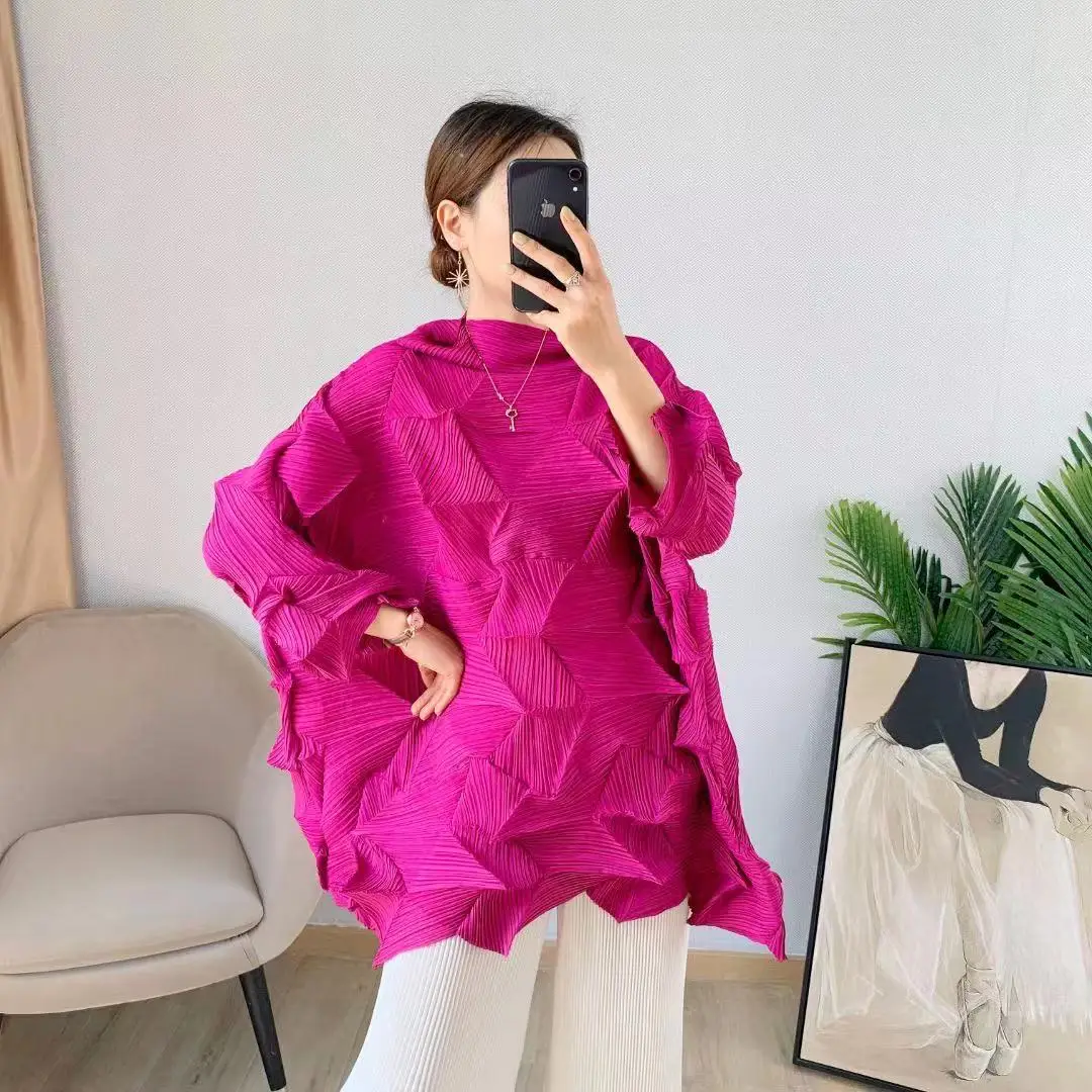 

pleated Plus Size T-Shirt For Women 45-75kg 2021 Summer New Stretch Loose Miyake Pleated Half Turtleneck Diamond Shaped Casual T