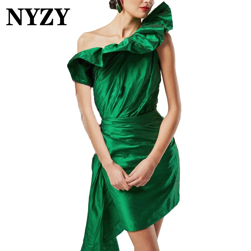 

NYZY C296 Elegant Taffeta One Shoulder Ruffles Cocktail Dresses Green Formal Gown for Party Graduation Homecoming