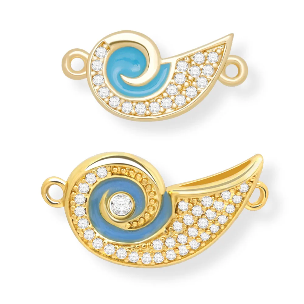 White Cubic Zirconia Crystal Gold-plated Blue Enamel Sea Snail Charm Connector For Necklace Bracelet Makings Wholesale Jewelry