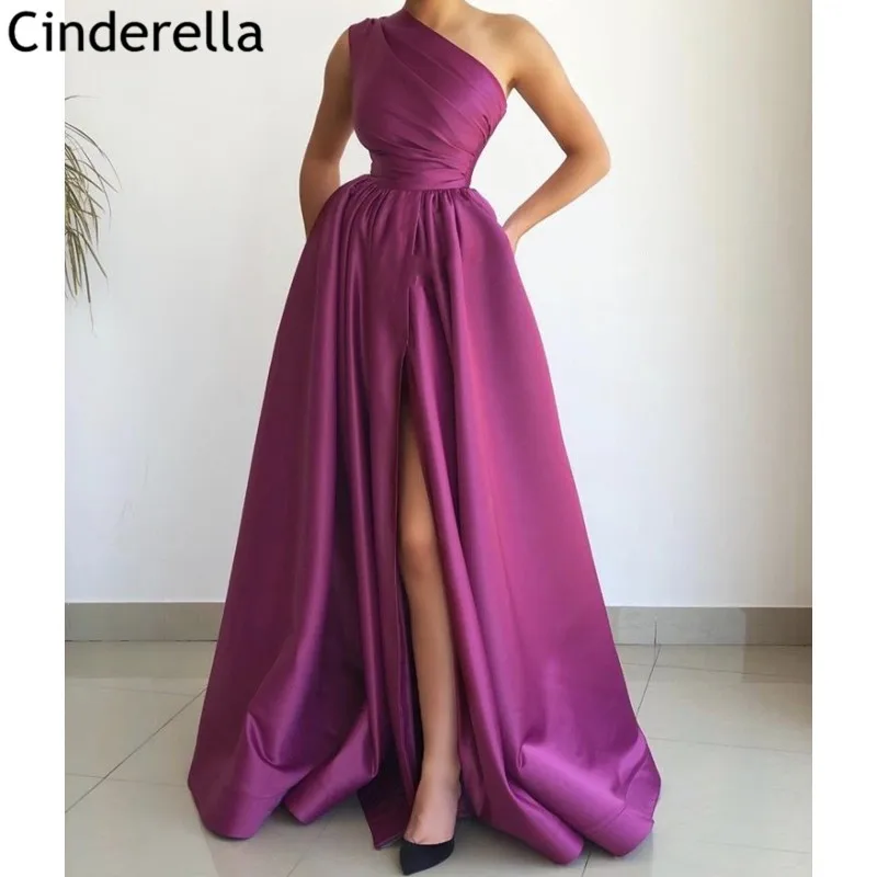 Robe de bal violette asymétrique, épaule dénudée, ligne a, fente latérale, Satin plissé, avec fermeture éclair dans le dos